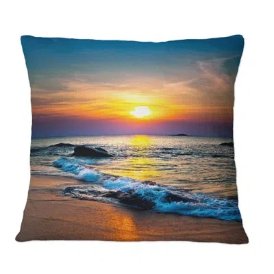 Design Art Bright Sunset Of Waves Breaking At The Shore - Nautical & Coastal Printed Throw Pillow