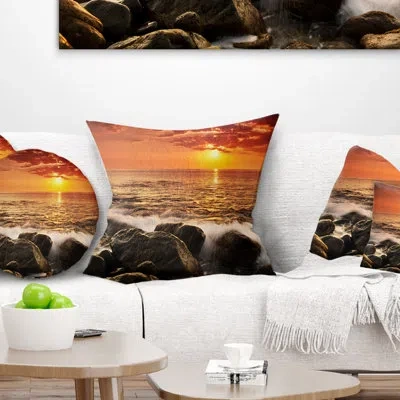 Design Art Bright Sunset Over Rocky Shore - Sea & Shore Printed Throw Pillow In Blue;orange