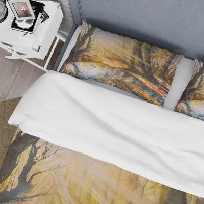 Design Art Bright Sunshine Through The Forest Trees Iii - Lake House Duvet Cover Set - Microfiber Polyester In Orange,black