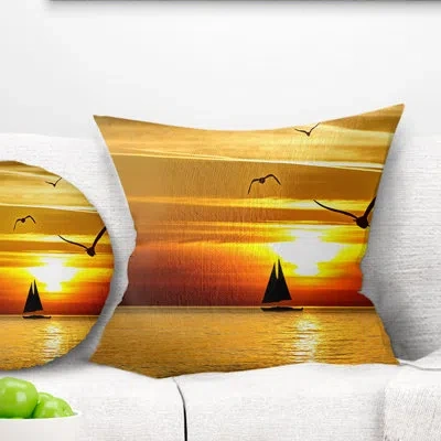 Design Art Bright Yellow Beach With Birds - Sea & Shore Printed Throw Pillow In Blue;orange