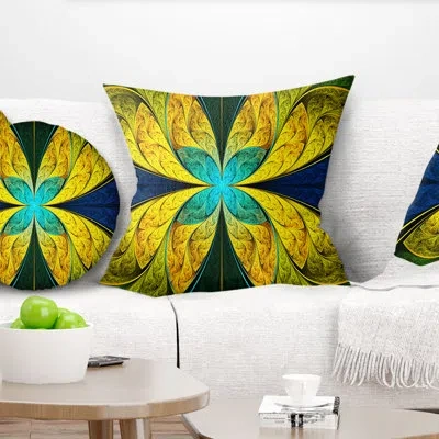 Design Art Bright Yellow Blue Fractal Flower - Floral Printed Pillow In Blue;yellow