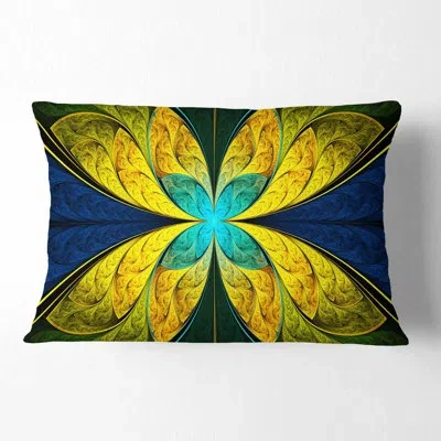 Design Art Bright Yellow Blue Fractal Flower - Floral Printed Throw Pillow