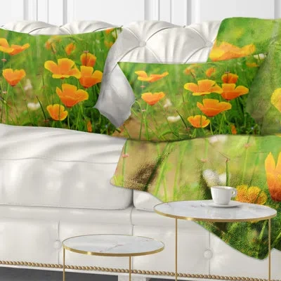 Design Art Bright Yellow Poppy Flowers - Floral Printed Pillow