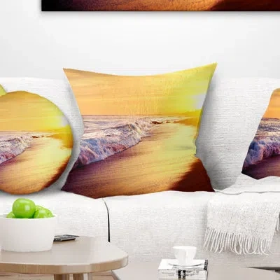 Design Art Bright Yellow Sky With Foam Waves - Sea & Shore Printed Throw Pillow In Orange;gold