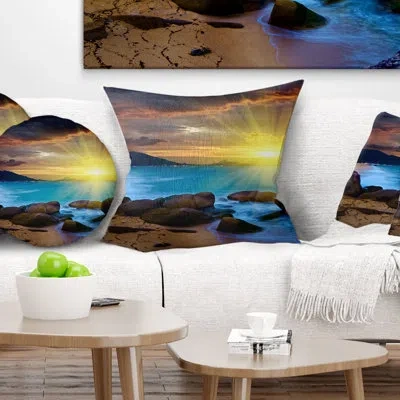 Design Art Bright Yellow Sun Over Blue Waters - Sea & Shore Printed Pillow