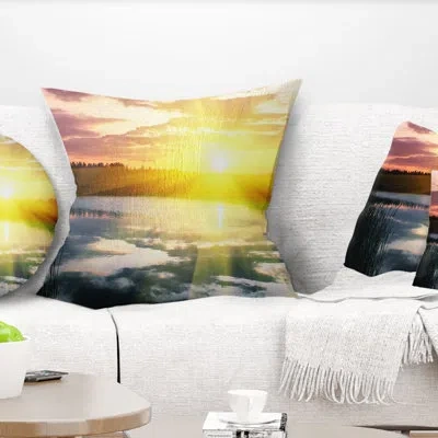 Design Art Bright Yellow Sunrise Over Lake - Sea & Shore Printed Pillow