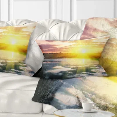 Design Art Bright Yellow Sunrise Over Lake - Sea & Shore Printed Throw Pillow