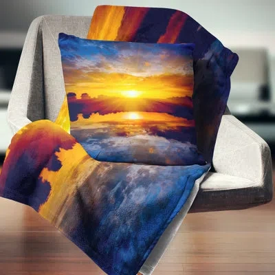 Design Art Bright Yellow Sunset Over Lake - Sea & Shore Printed Pillow In Blue