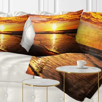 Design Art Bright Yellow Sunset Over Waves - Sea & Shore Printed Pillow