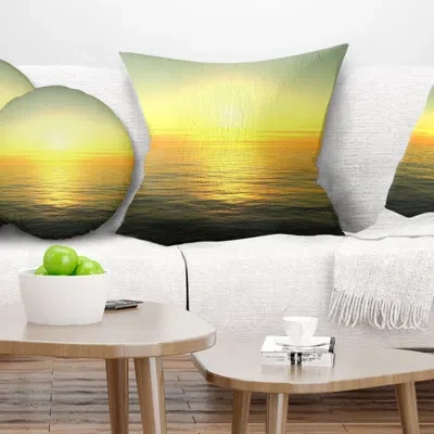 Design Art Brilliant Yellow Sunrise Over Waters - Sea & Shore Printed Pillow In Blue;orange