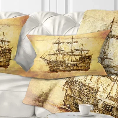 Design Art Brown Ancient Moving Boat - Sea & Shore Printed Throw Pillow