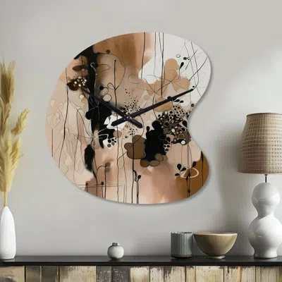 Design Art Brown And Black Artistic Freedom I - Abstract Asymmetrical Metal Wall Clock, Brown Unique Shape Meta In Black;brown
