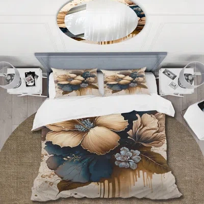 Design Art Brown And Blue Hibiscus Bouquet Iii - Floral Hibiscus Duvet Cover Set - Microfiber Polyester In Blue;brown