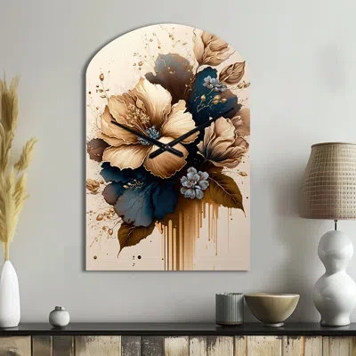 Design Art Brown And Blue Hibiscus Bouquet Iii - Hibiscus Arch Metal Wall Clock, Brown Asymmetrical Metal Clock In Blue;brown