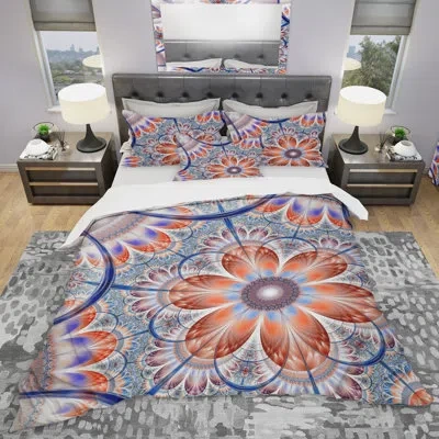 Design Art Brown And Blue Large Fractal Flower - Floral Duvet Cover Set - Microfiber Polyester In Black