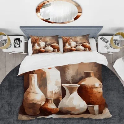 Design Art Brown And Cream Earthen Elegant Vase Ii - Boho Pottery Duvet Cover Set In Brown;cream