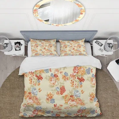 Design Art Brown And Cream Roses - Floral Duvet Cover Set - Microfiber Polyester