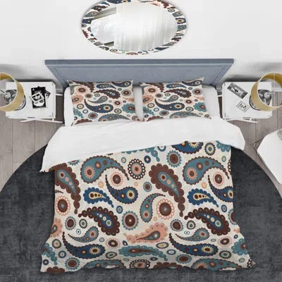 Design Art Brown And Grey Floral Paisley - Abstract Duvet Cover Set - Microfiber Polyester In Brown,blue