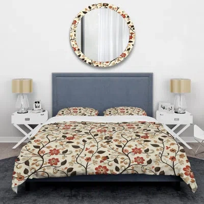 Design Art Brown Beige Floral Garden Beauty I - Transitional Duvet Cover Set In Brown;beige