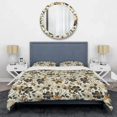 Design Art Brown Beige Floral Garden Beauty Ii - Transitional Duvet Cover Set In Brown;beige