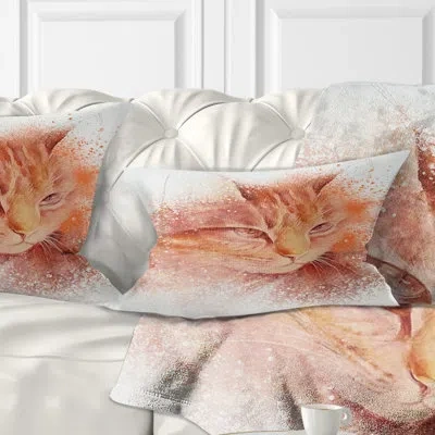 Design Art Brown Cat Face Sketch On White - Animal Printed Throw Pillow