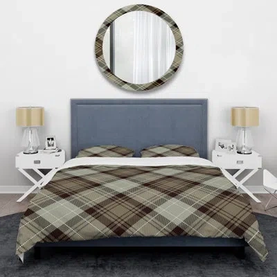 Design Art Brown Checked Tartan - Abstract Duvet Cover Set - Microfiber Polyester In Brown,gray