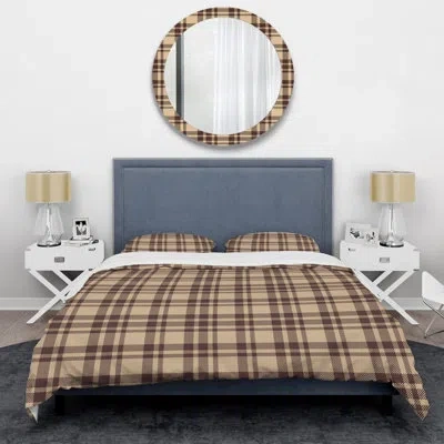 Design Art Brown Checked Tartan Brown Microfiber 3 Piece Duvet Cover Set