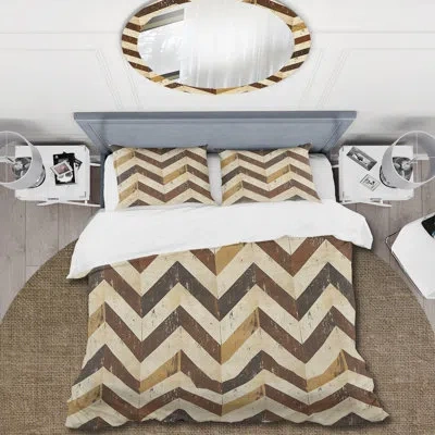 Design Art Brown Chevron Glam Print Iii - Midcentury Duvet Cover Set In Brown;beige