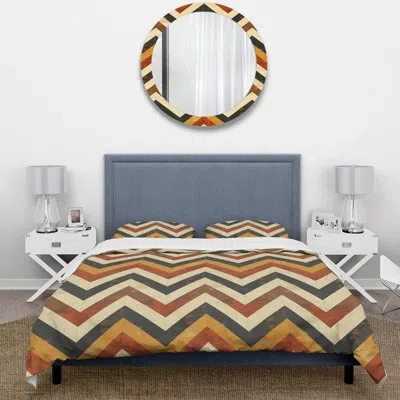 Design Art Brown Chevron Glam Print Vi - Midcentury Duvet Cover Set In Brown;orange