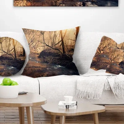 Design Art Brown Creek In National Park - Forest Printed Pillow In Green