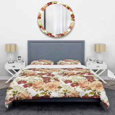 Design Art Brown Floral Roses - Cabin & Lodge Duvet Cover Set In Brown;white;red