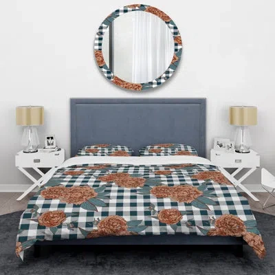 Design Art Brown Flower Checked Tartan - Abstract Duvet Cover Set - Microfiber Polyester