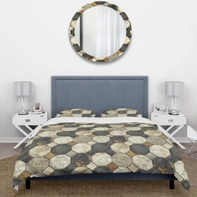 Design Art Brown Hexagon Tiles Ii - Midcentury Duvet Cover Set In Brown;beige