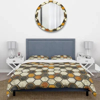 Design Art Brown Hexagon Tiles Iii - Midcentury Duvet Cover Set In Brown;beige