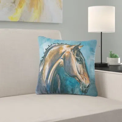 Design Art Brown Horse On Blue Watercolor - Animal Printed Pillow In Blue;brown