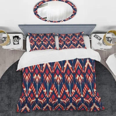 Design Art Brown Ikat Ogee - Abstract Duvet Cover Set - Microfiber Polyester In Blue