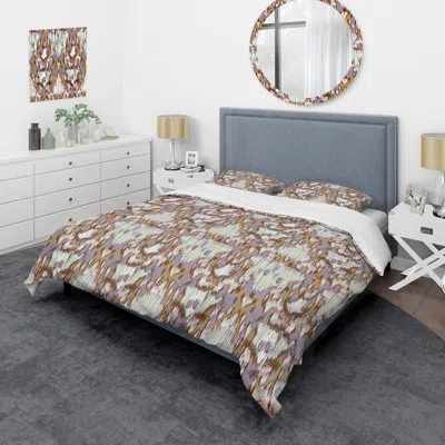 Design Art Brown Ikat Ogee - Abstract Duvet Cover Set - Microfiber Polyester In Brown,gray