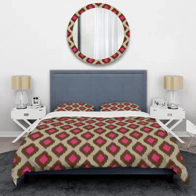 Design Art Brown Ikat Pattern - Abstract Duvet Cover Set - Microfiber Polyester In Brown,white,beige