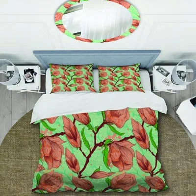 Design Art Brown Magnolia Flowers - Cabin & Lodge Duvet Cover Set