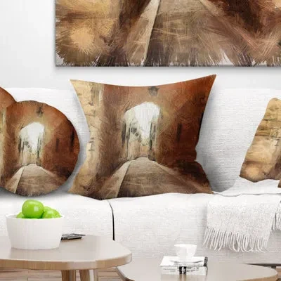 Design Art Brown Old City Street Drawing - Landscape Printed Pillow