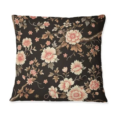 Design Art Brown Pink Flower Garden Blooms Ii - Traditional Throw Pillow In Brown;pink