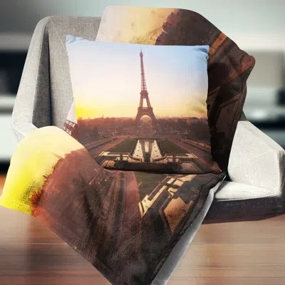Design Art Brown Silhouette Of Paris Paris Eiffel Tower - Cityscape Printed Pillow In Blue