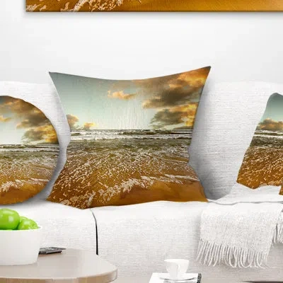 Design Art Brown Tinged Beach And Cloudy Sky - Sea & Shore Printed Pillow