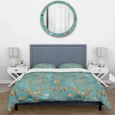 Design Art Brown Turquoise Boho Dreamcatcher I - Boho Duvet Cover Set In Brown;green