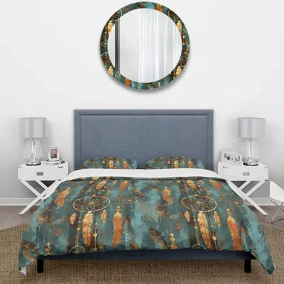 Design Art Brown Turquoise Boho Dreamcatcher Ii - Boho Duvet Cover Set In Brown;green