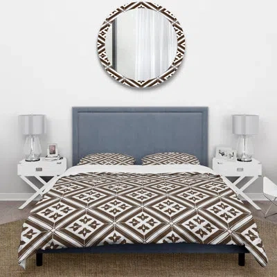 Design Art Brown White Floral Diamond Tiles - Traditional Duvet Cover Set In Brown;white