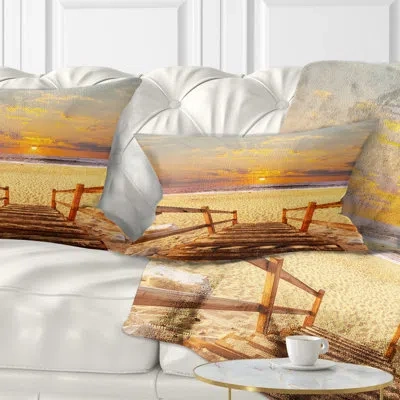 Design Art Brown Wooden Boardwalk Into Beach - Pier & Bridge Printed Throw Pillow