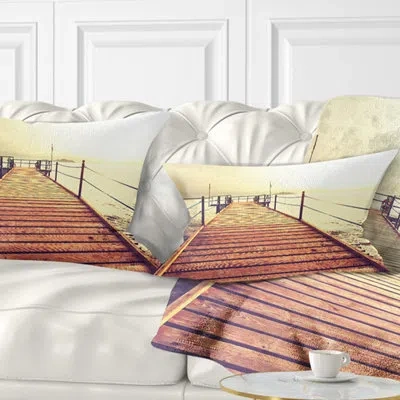 Design Art Brown Wooden Boardwalk To The Sea - Pier & Bridge Printed Throw Pillow