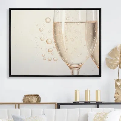 Design Art Bubbling Champange Brilliance In Glass - Wine & Champagne Canvas Art Print In Black Floater Framed