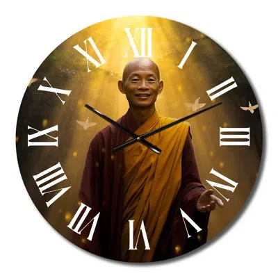 Design Art Buddhist Monk Enlightment Metal Wall Clock In Brown;yellow